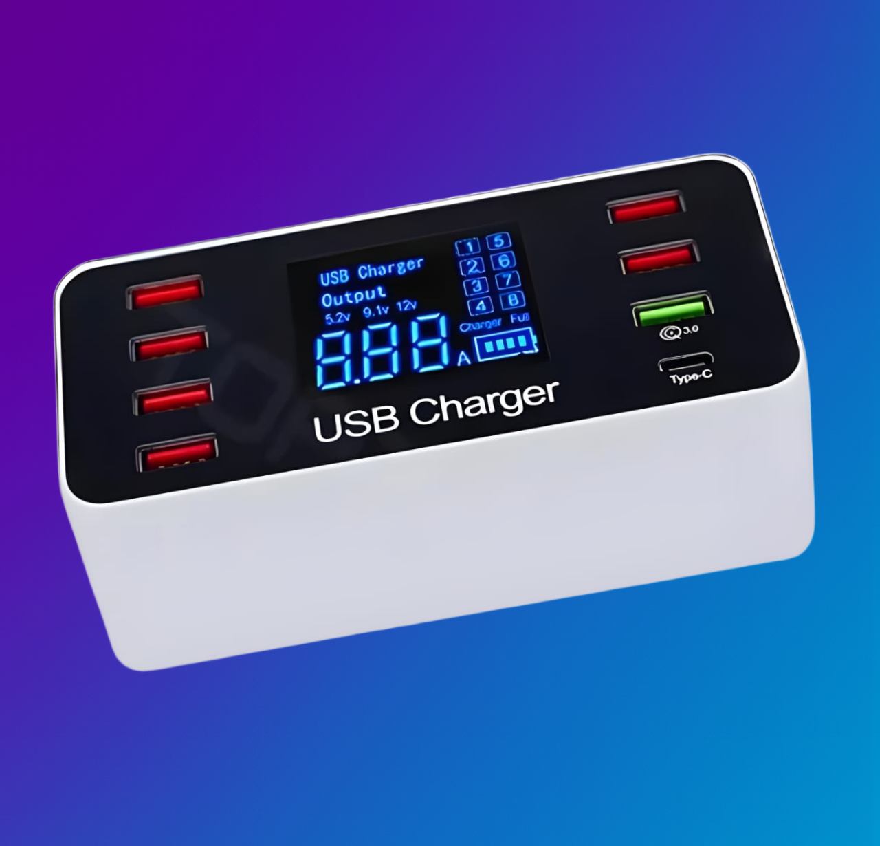 8 Port USB Smart Charge Charging Hub with LCD Screen 40W