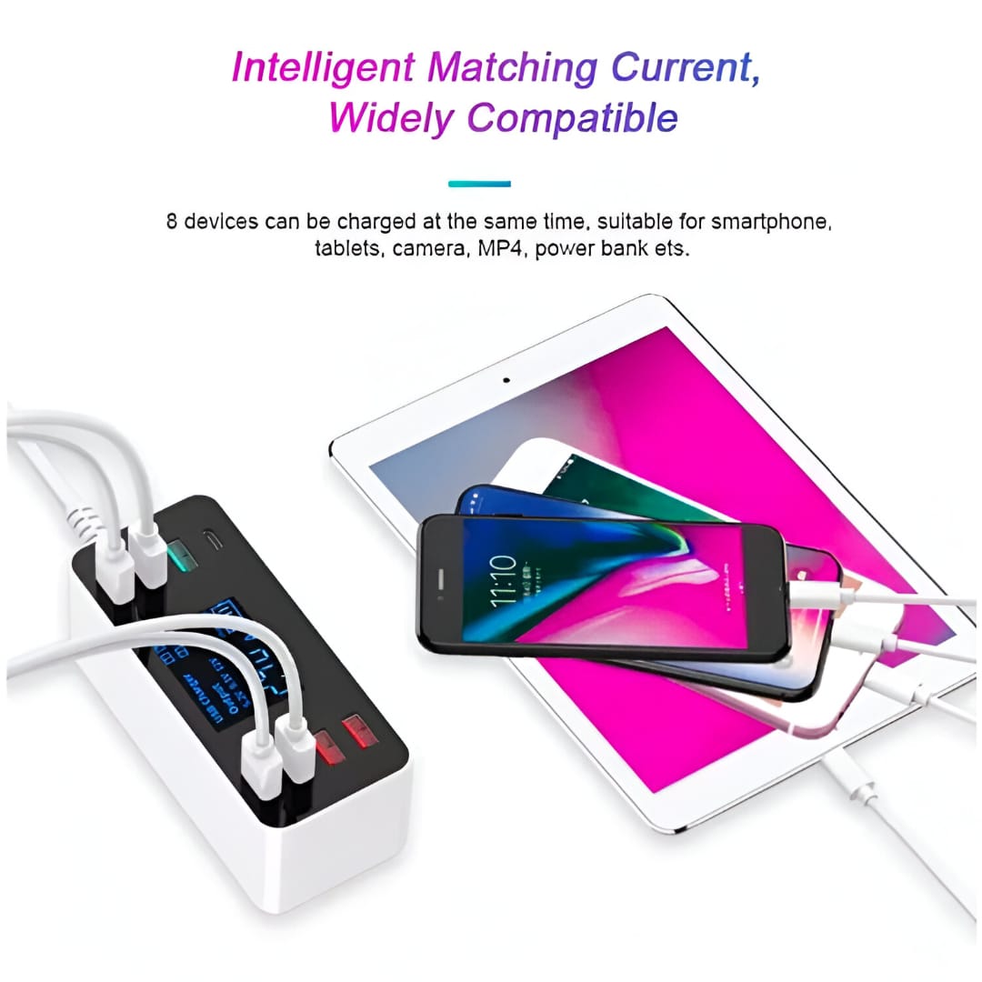 8 Port USB Smart Charge Charging Hub with LCD Screen 40W
