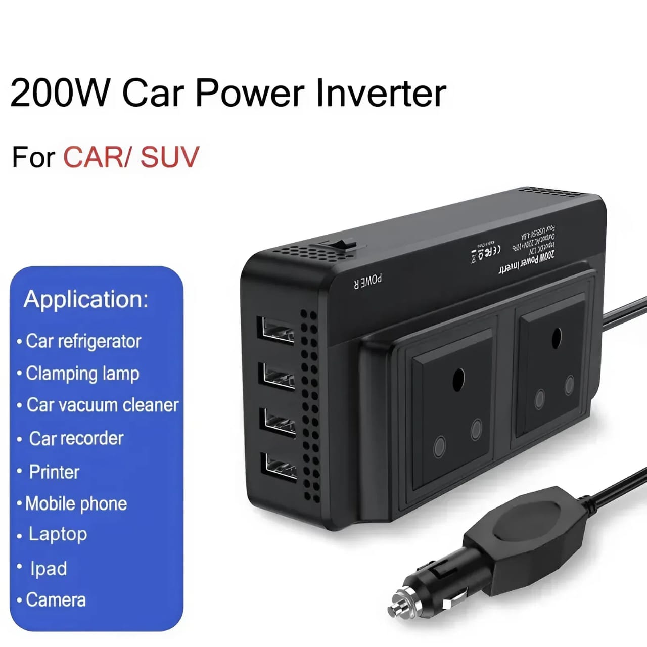 200W Car Power Inverter with 4 USB Ports DC 12V to AC Converter 2 view