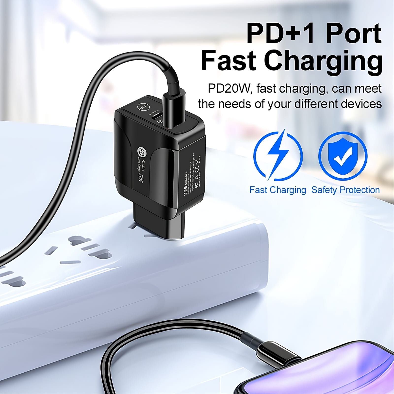 Quick Charge 20W USB Charger with Type-C PD Output – White 3 view