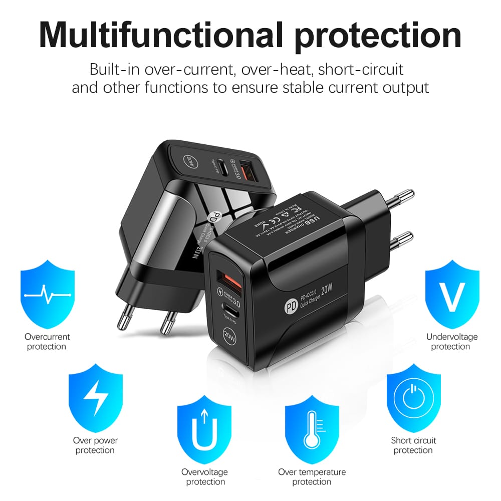 Quick Charge 20W USB Charger with Type-C PD Output – White 4 view